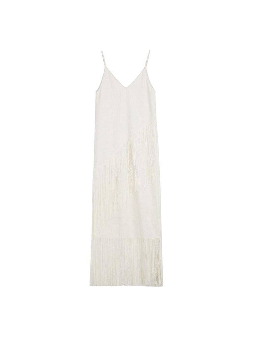unspoken Tassel Trim High Waist V-neck A Line Strappy Office Beige Polyester Midi Dresses