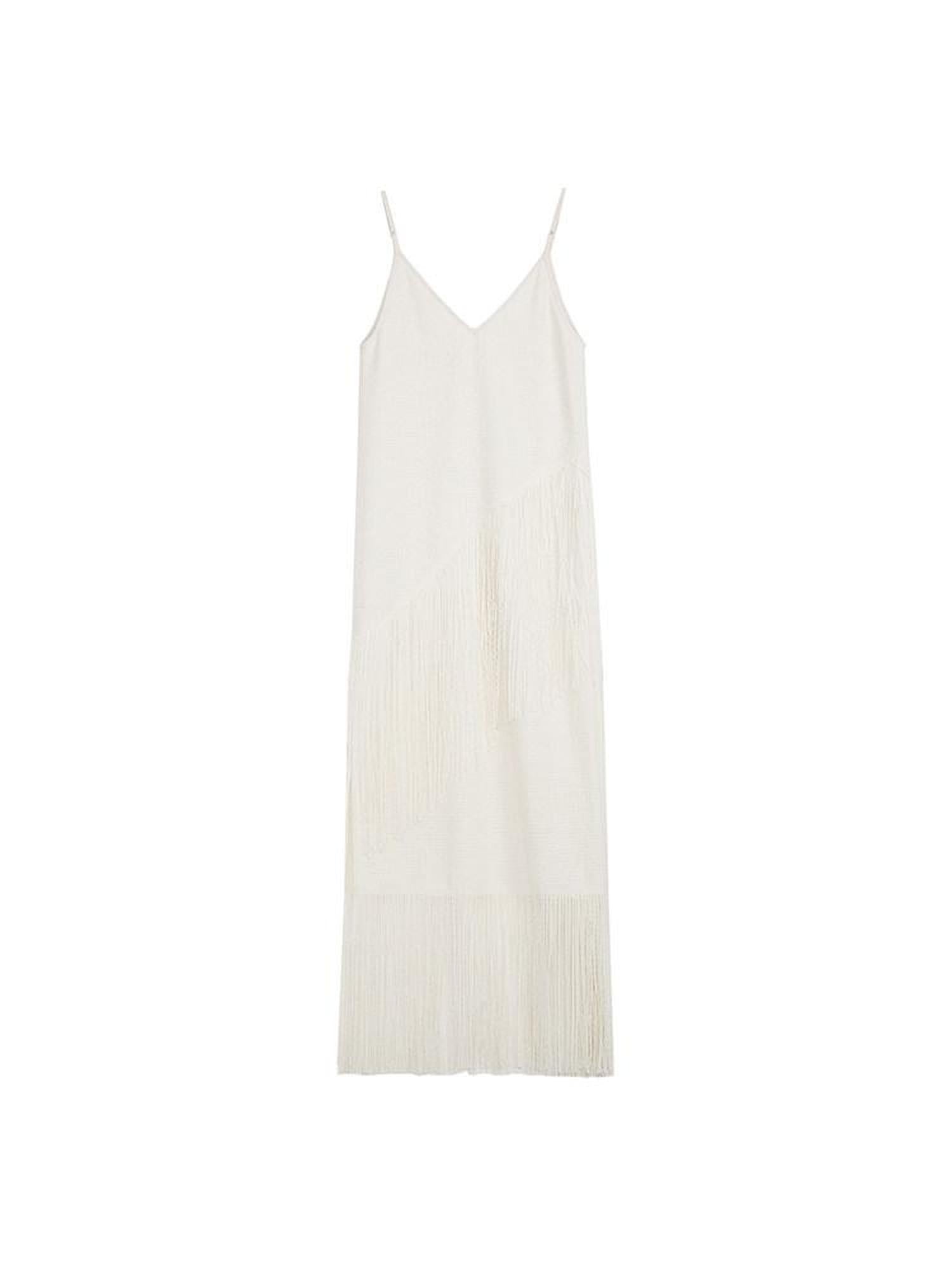unspoken Tassel Trim High Waist V-neck A Line Strappy Office Beige Polyester Midi Dresses