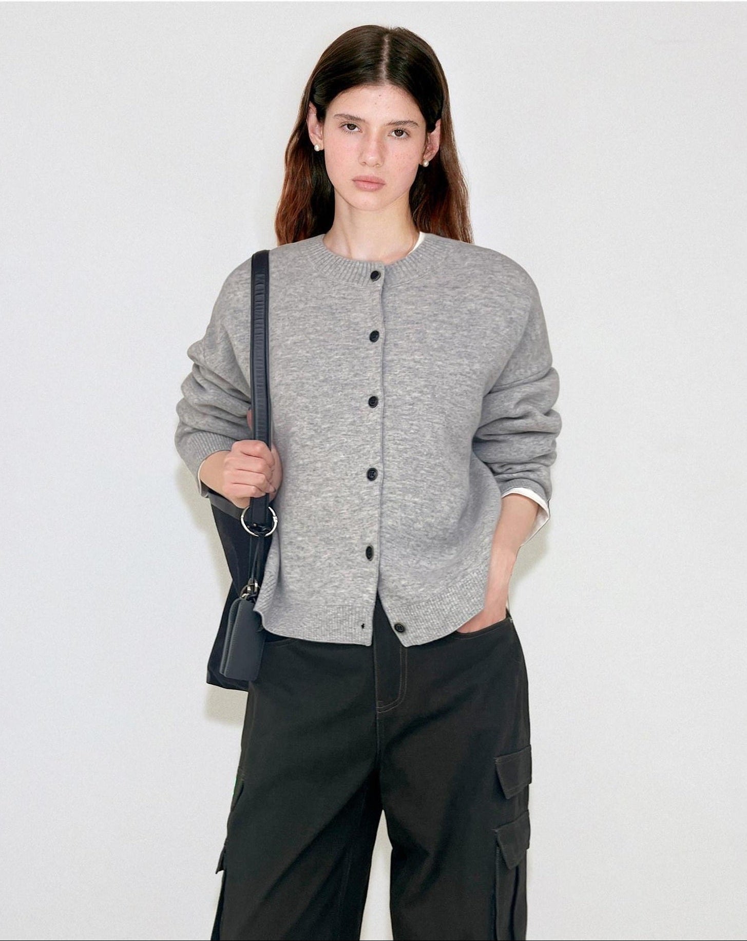 fano Thermal Wool Blend Office Straight Crew Neck Women Light Gray Cardigans
