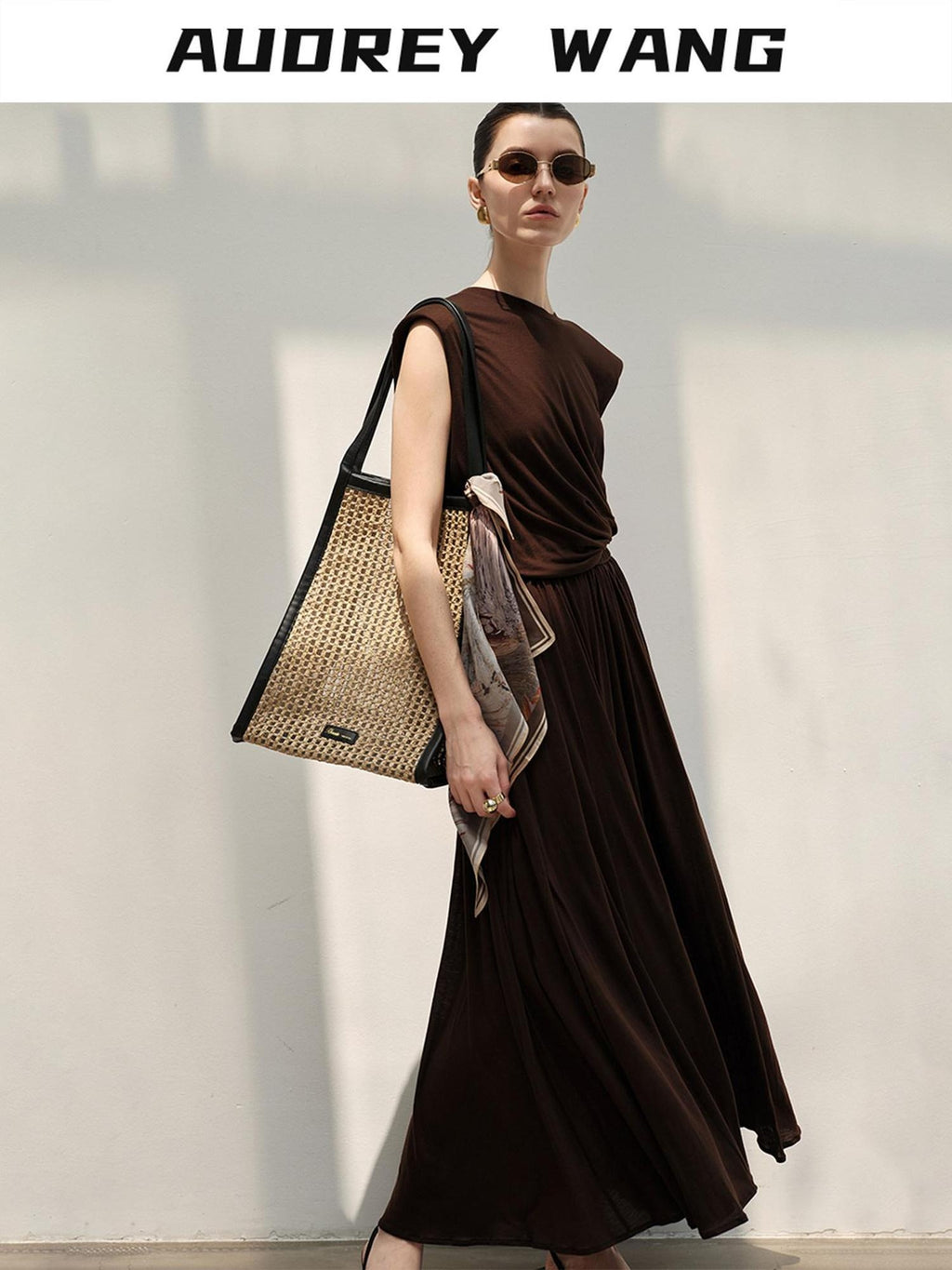 audreyyang Recycled Viscose French Chic Pleated Aline Two Piece Sleeveless Maxi Dresses