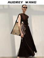audreyyang Recycled Viscose French Chic Pleated Aline Two Piece Sleeveless Maxi Dresses