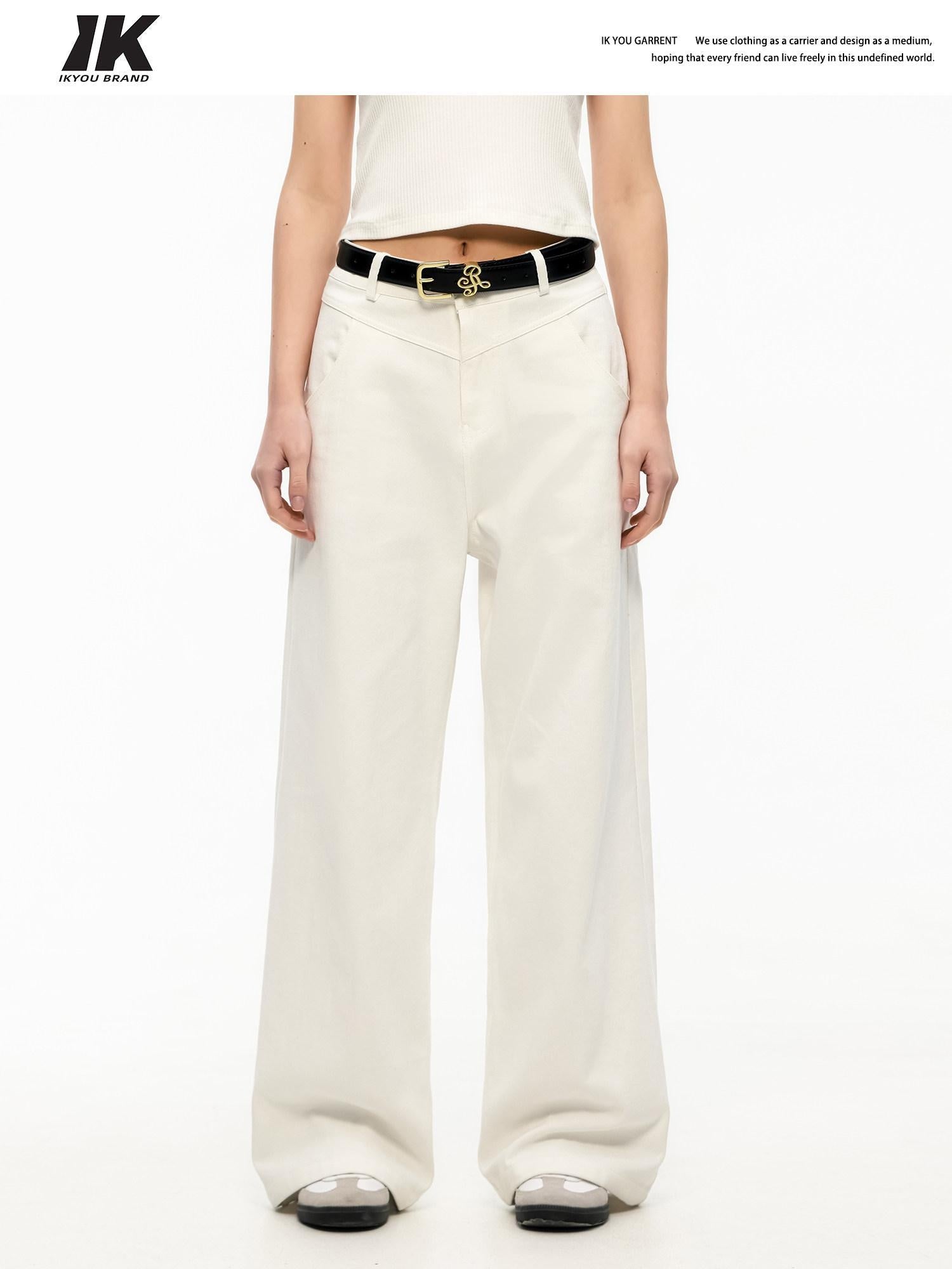 ikyou Durable Brushed Denim Natural Waist Loose Women Casual White Wide Leg Jeans