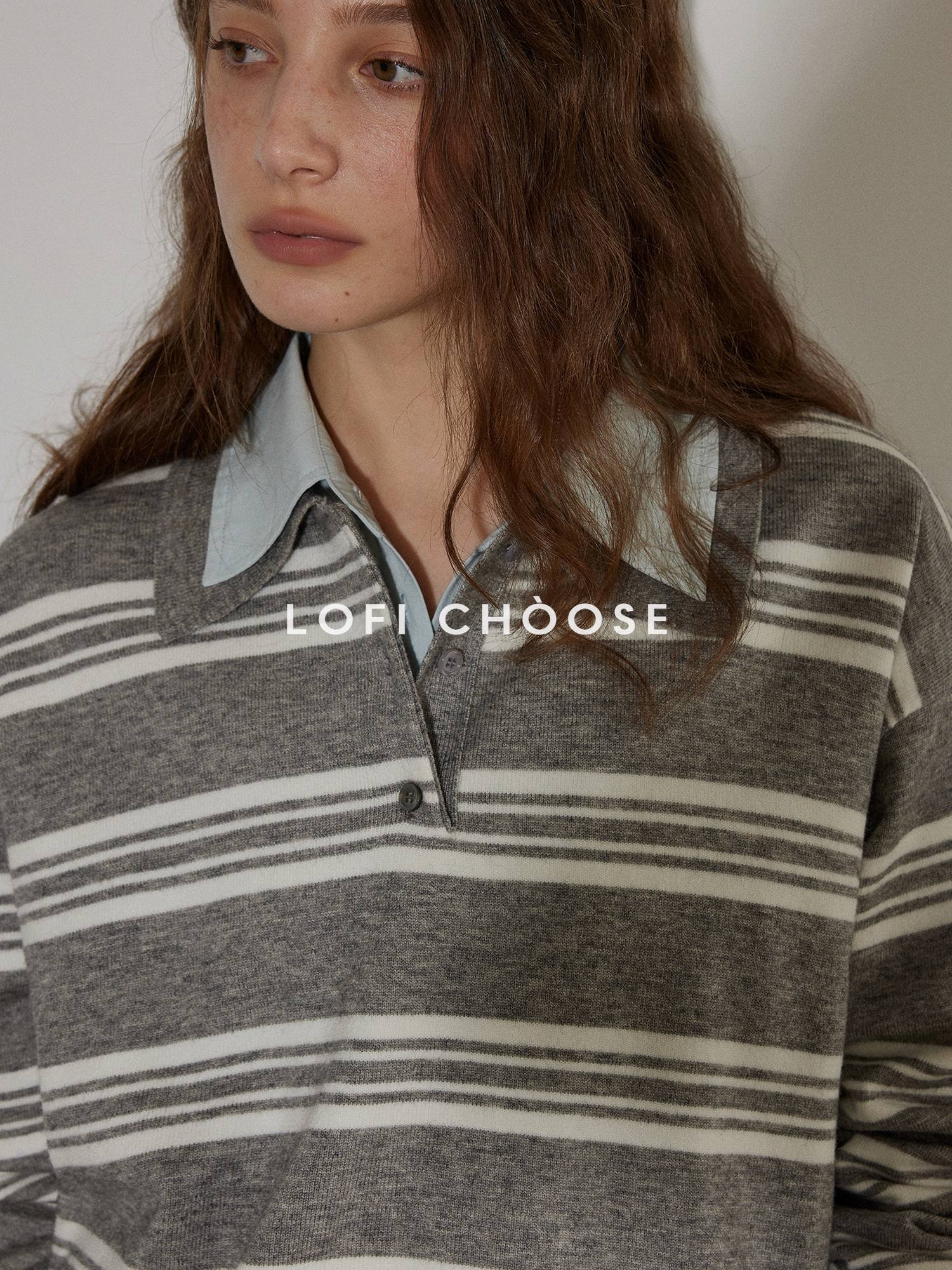 Lofi choose Soft Acrylic Blend Loose Fit Striped Polo Collar Office Women Knit Sweaters