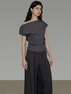 unspoken Asymmetric Neck Pleated Minimal Slim Fit Office Women Polyester Basic Crop Tops