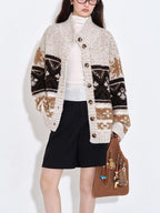 fano Cozy Thermal Wool Blend Commuter Relaxed Fit Mock Neck Striped Oatmeal Cardigans