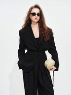 audreyyang Oversized Cinched Waist Short Notch Lapel One Button Black Polyester Blazers