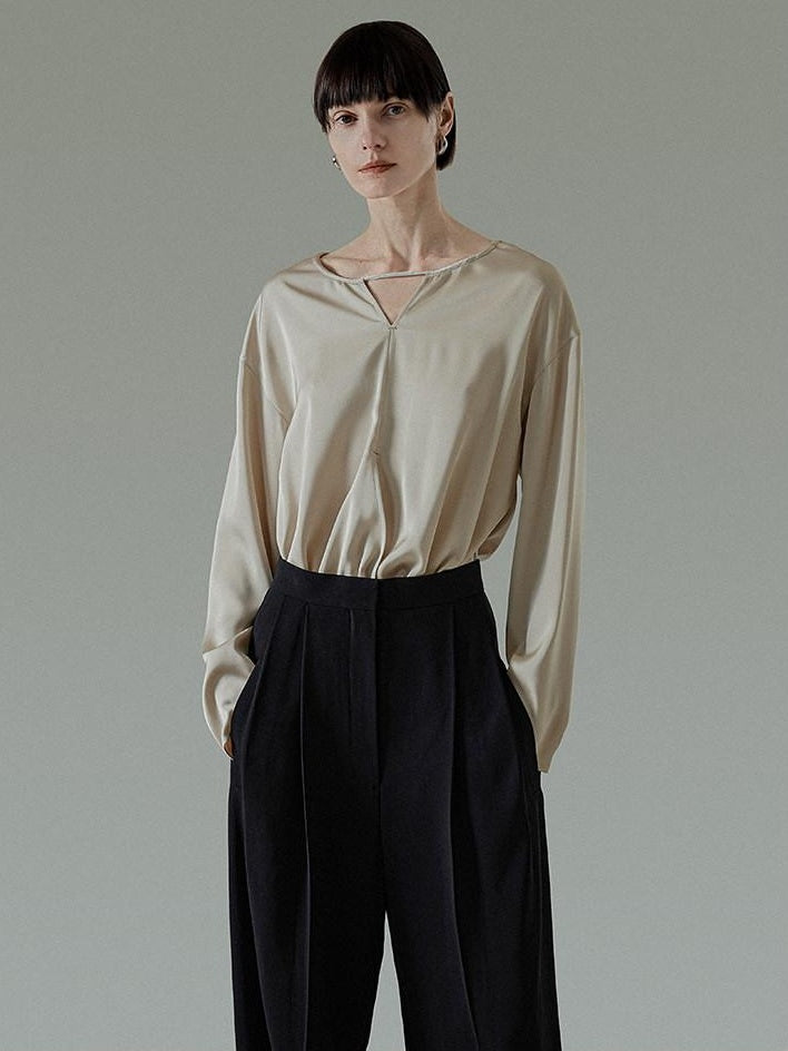 unspoken Skin Friendly Breathable Minimal Loose V-neck Longsleeve Women Champagne Blouses