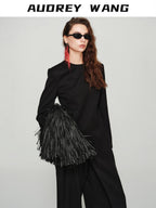 audreyyang Elegant Slim Waist Poly Blend Round Neck Midlength Pullover Black Long Coats