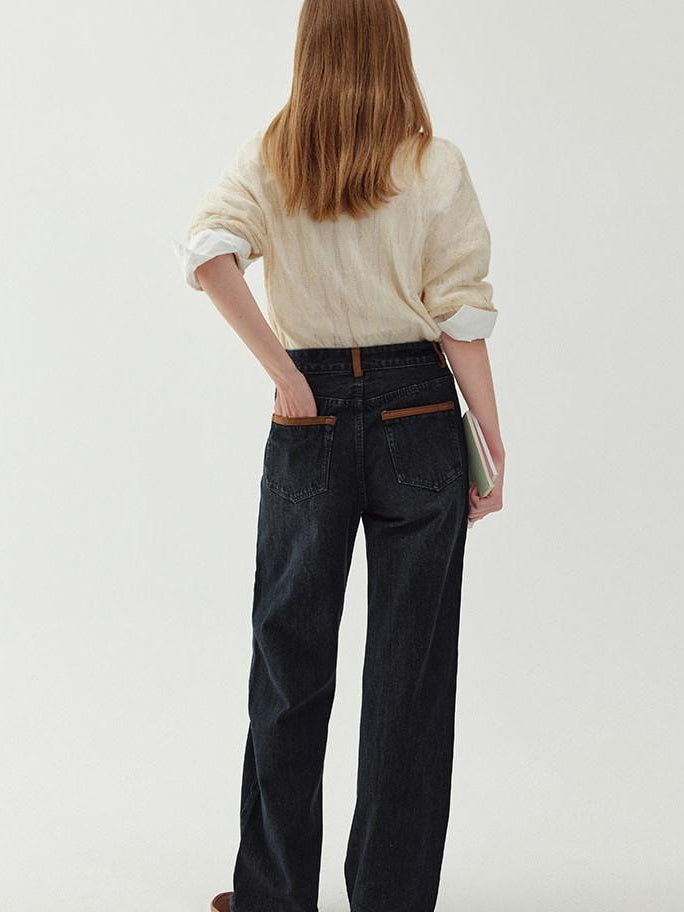 fano Washed Minimal Loose Natural Waist Raw Denim Youth Nonstretch Straight Leg Jeans