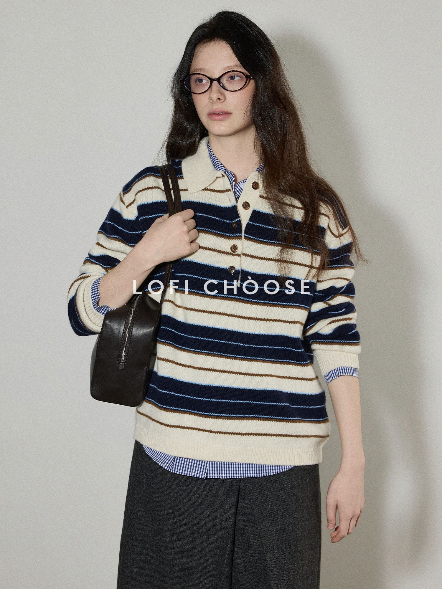 Lofi choose Contrast Polo Collar Striped Loose Office Knit Button Pullover Women Sweaters