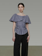 unspoken Flattering Pure Cotton Loose Boat Neck Women Striped Short Sleeve Blouses