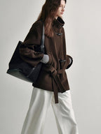 fano Minimal Commuter Straight Midlength Stand Collar Pocket Toggle Women Short Coat