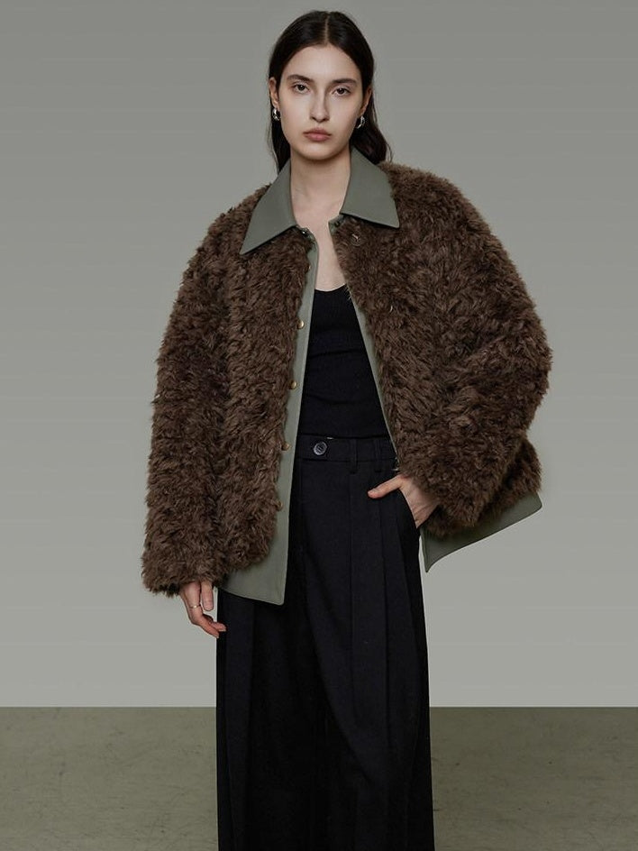 unspoken Warm Patchwork Lapel Loose Fit Minimalist Women Chestnut Short Coat