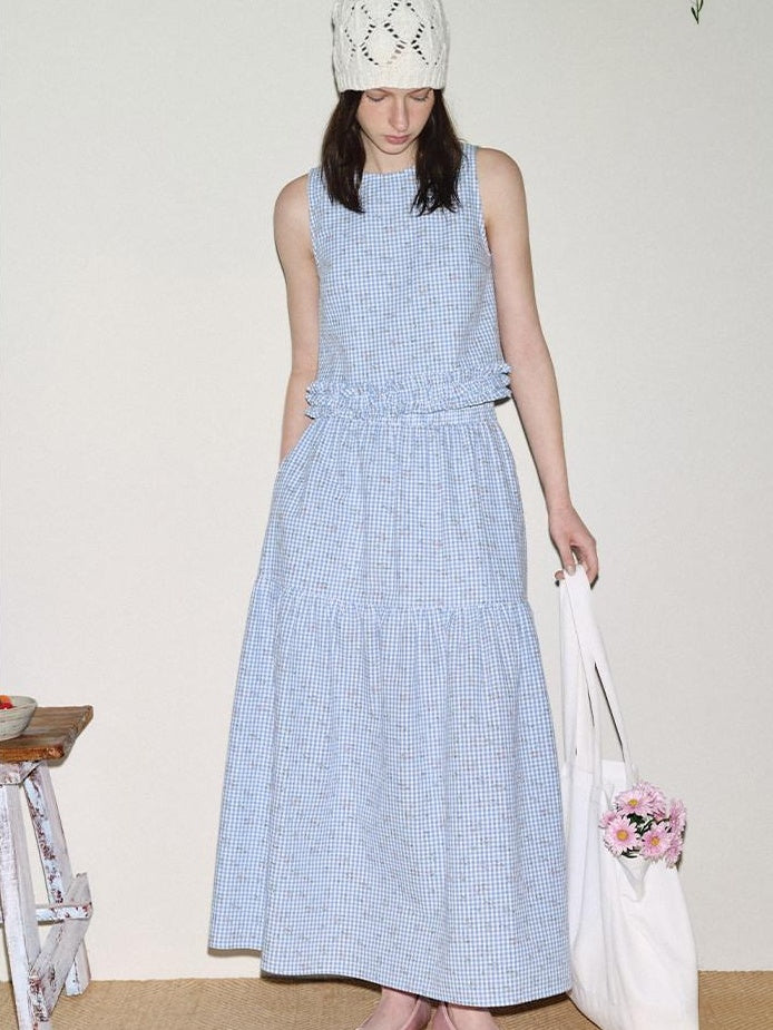 fano Lined 100% Cotton A Line Mid Waist Loose Fit Women Floral Blue Check Maxi Skirts