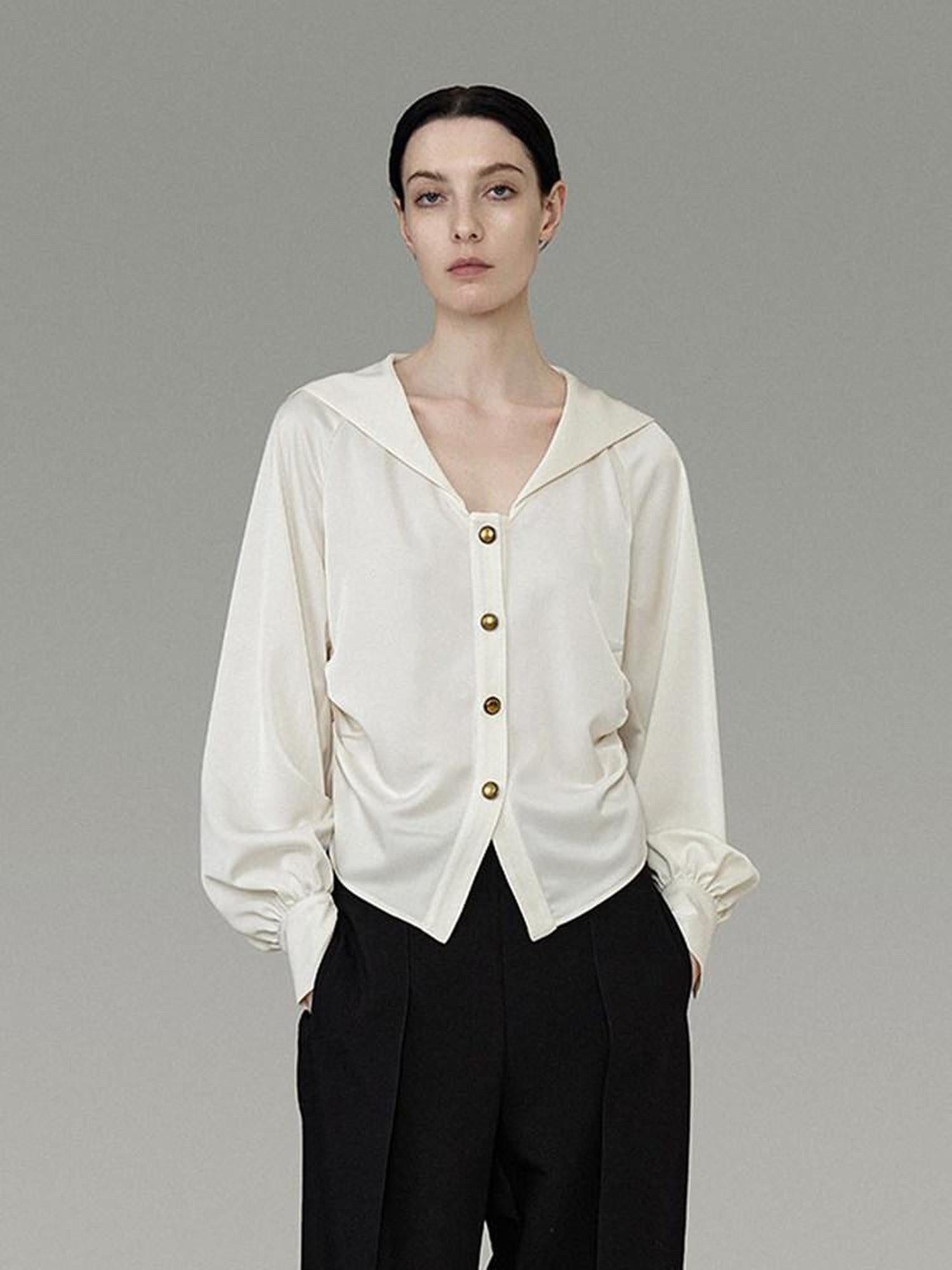 unspoken Cream Polyester Sailor Collar Button Front Loose Fit Office Minimalist Blouses