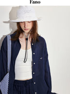 fano Comfortable Collared Long Sleeve Navy Two Piece Women Top & Shorts Sets