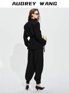 audreyyang High Stretch Elastic Waist Tapered Casual Women Black Polyester Sweatpants
