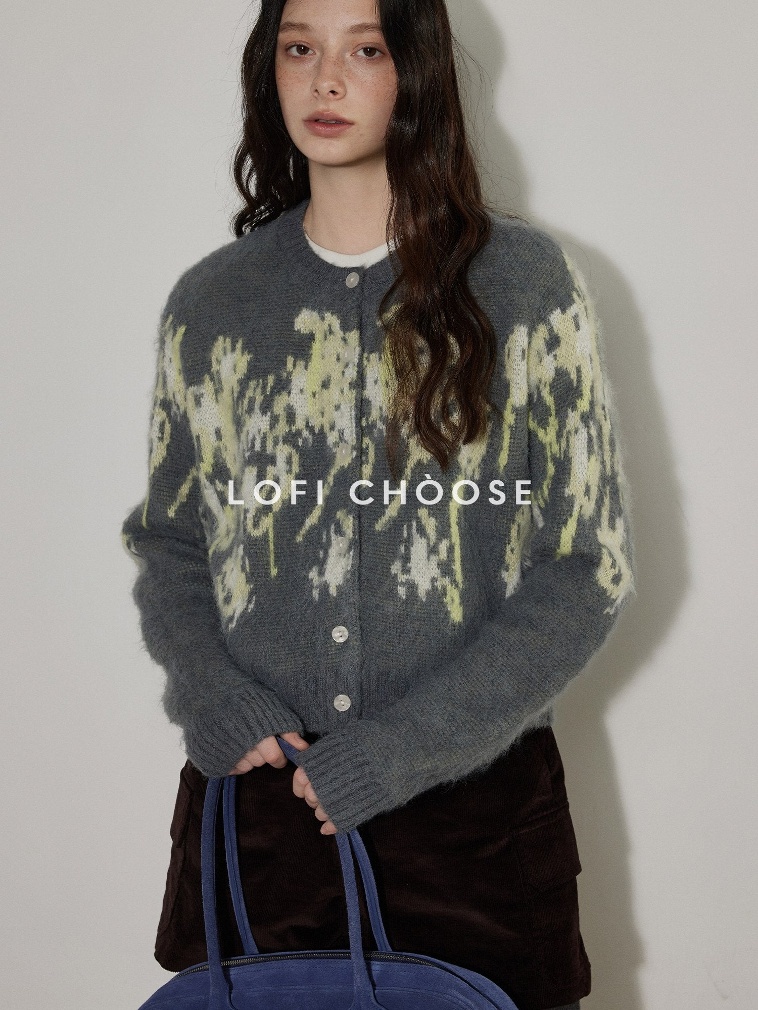 Lofi choose Wool Blend Vintage Colorblock Cropped Crewneck Buttoned Women Knit Cardigans