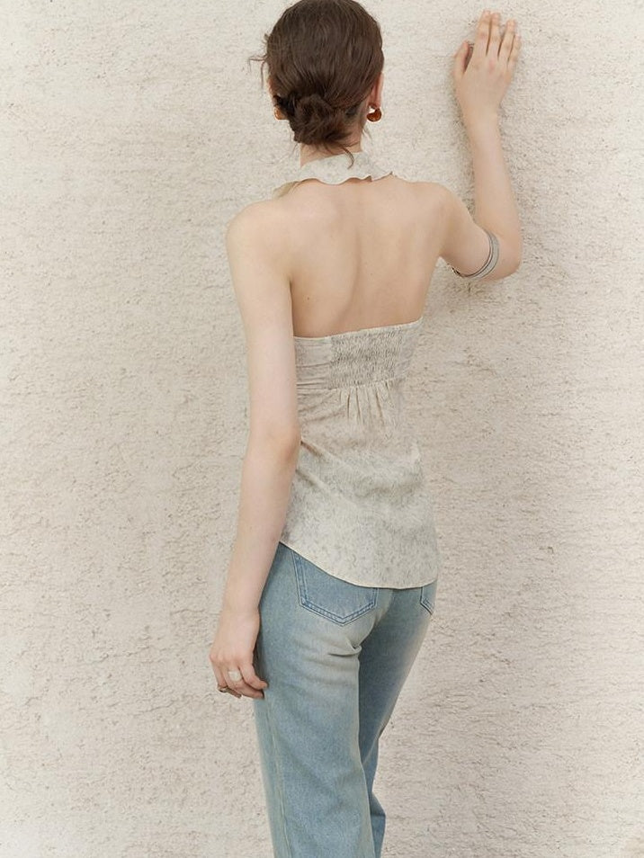 someonesometimes Ruffle Halter Slim Fit Cropped Solid Almond Stretch Tank Tops
