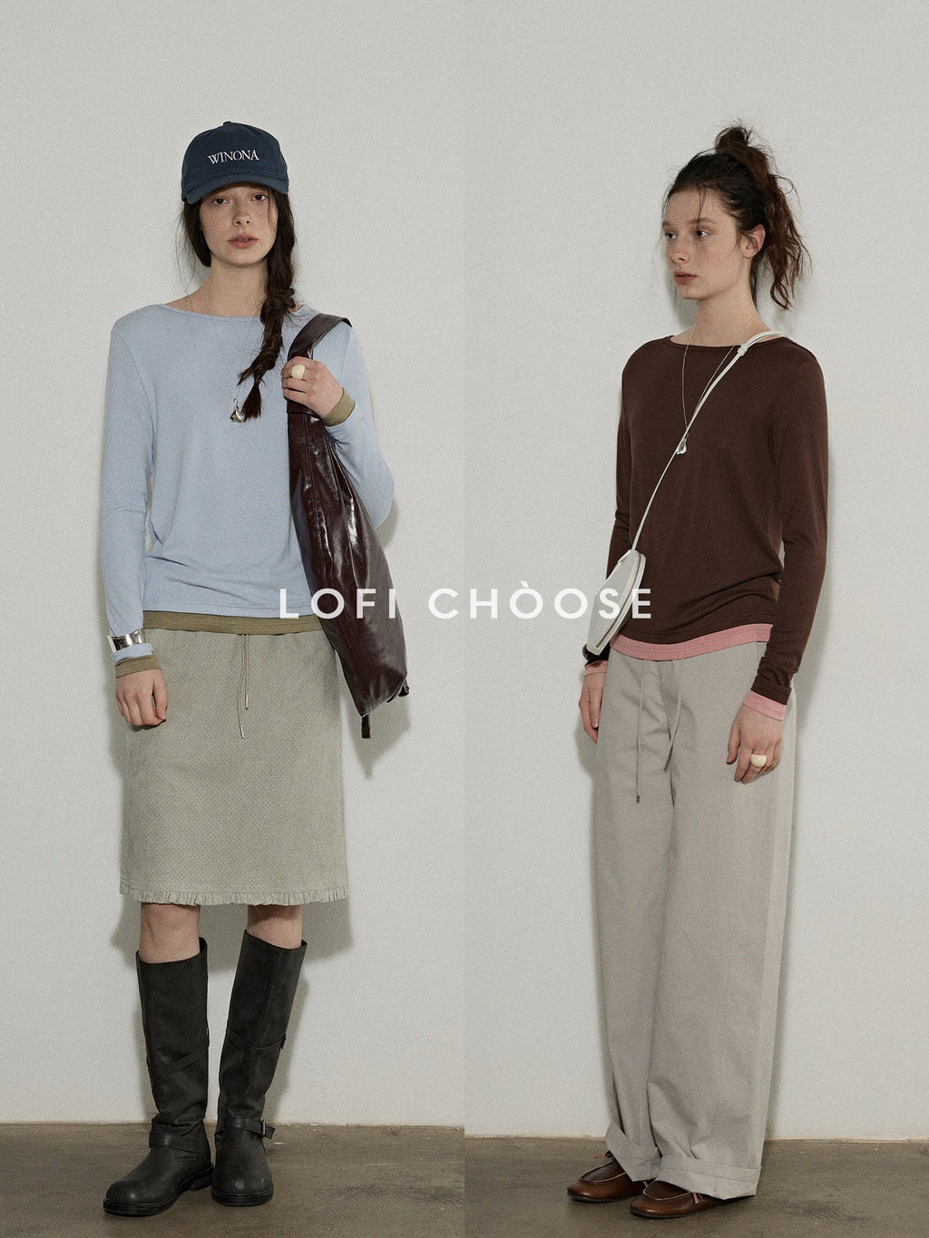 Lofi choose Soft Oversized Loose Fit Round Neck Women Blue Brown Long Sleeve T-Shirts