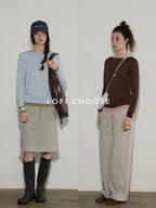 Lofi choose Soft Oversized Loose Fit Round Neck Women Blue Brown Long Sleeve T-Shirts