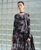 audreyyang Elegant Sash Fitted Knit Long Sleeve Grey Ombre Maxi Dresses