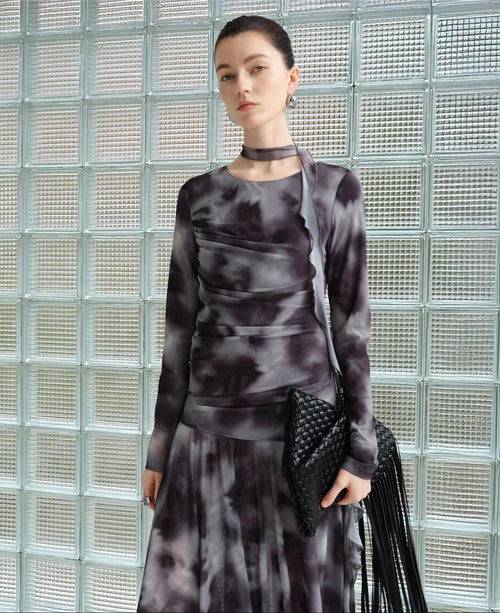 audreyyang Elegant Sash Fitted Knit Long Sleeve Grey Ombre Maxi Dresses