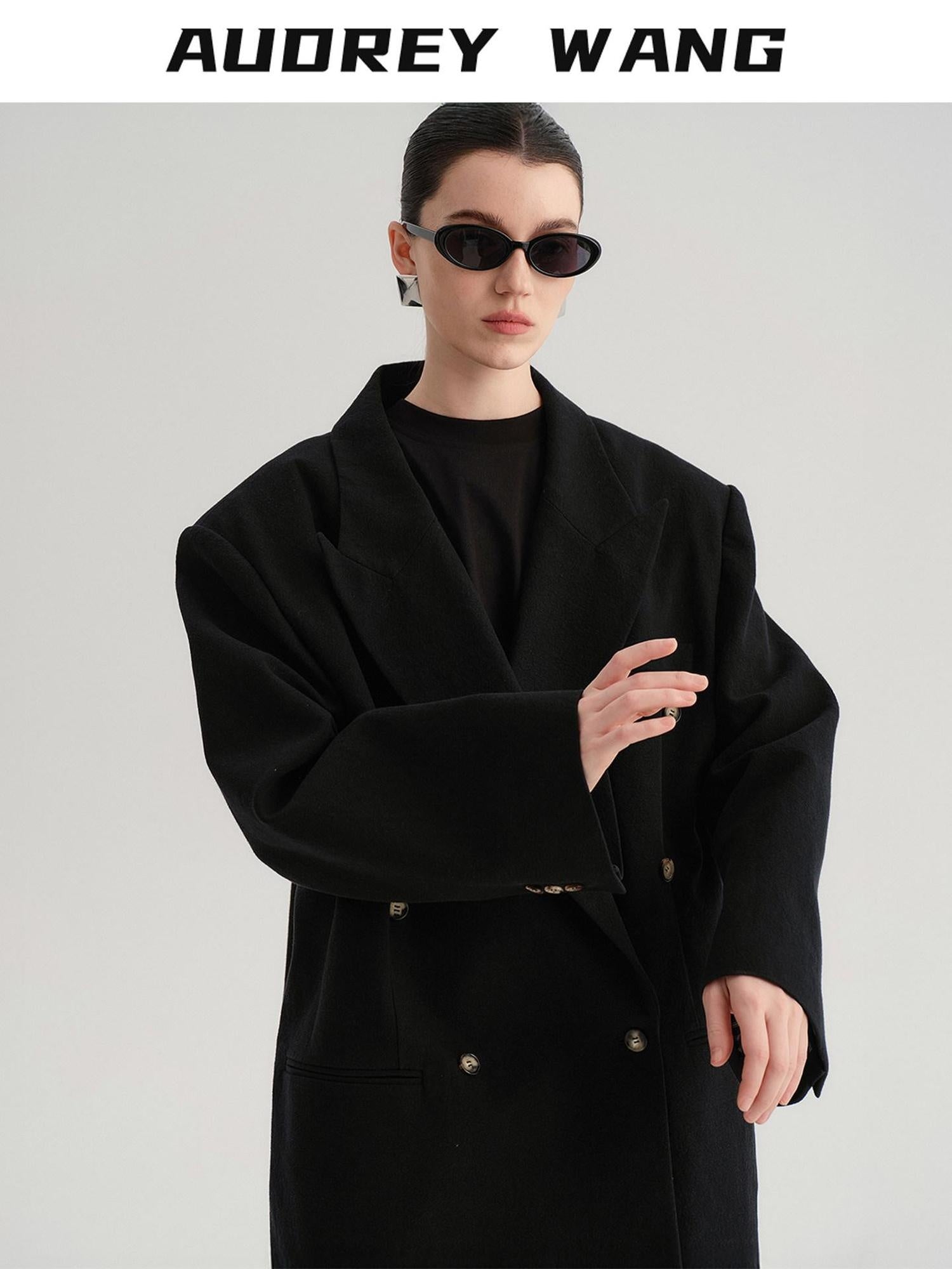 audreyyang Cotton Linen Blend Double Breasted Relaxed Casual Women Commuter Black Blazers
