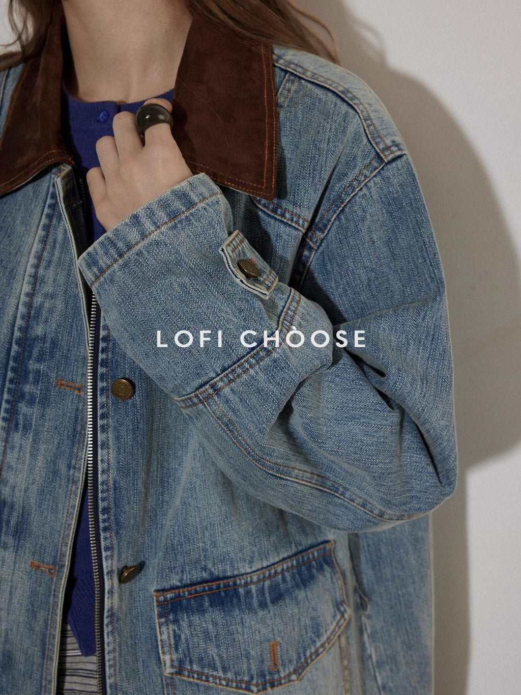 Lofi choose Cotton Colorblock Loose Fit Women Button Midlength Blue Denim Jackets