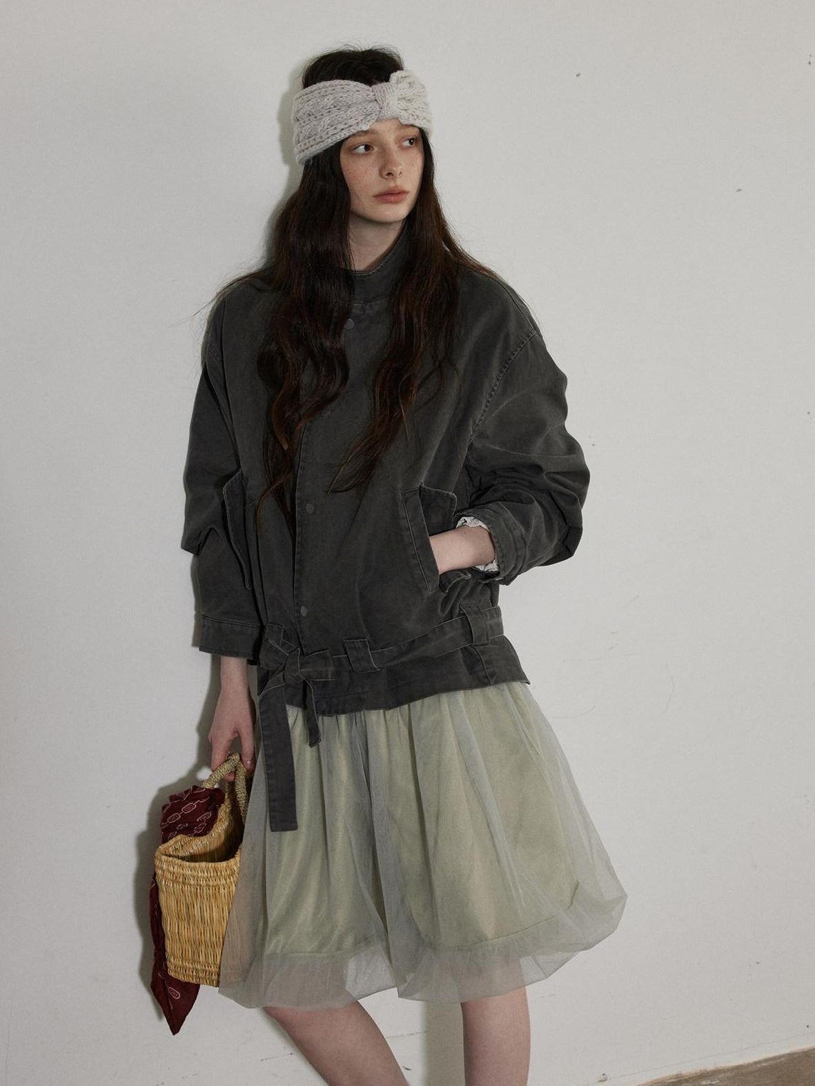 Lofi choose Breathable Drawstring Oversized Commuter Women Button Mud Gray Denim Jackets
