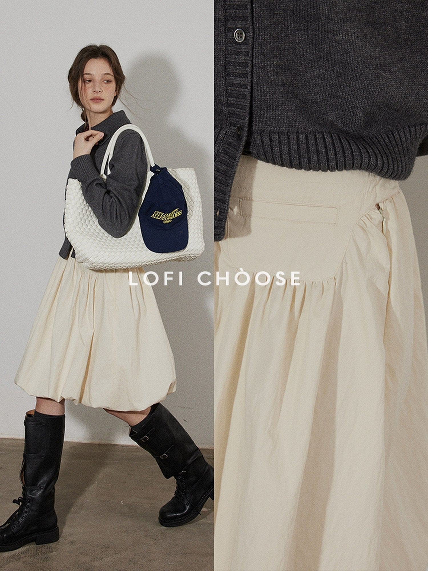 Lofi choose High Waist Irregular Hem Loose Fit Workwear Solid Beige Office Midi Skirts