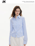 ikyou Uv Protection Embroidered Slim Collared Plaid Cardigan Girls Cotton Shirts