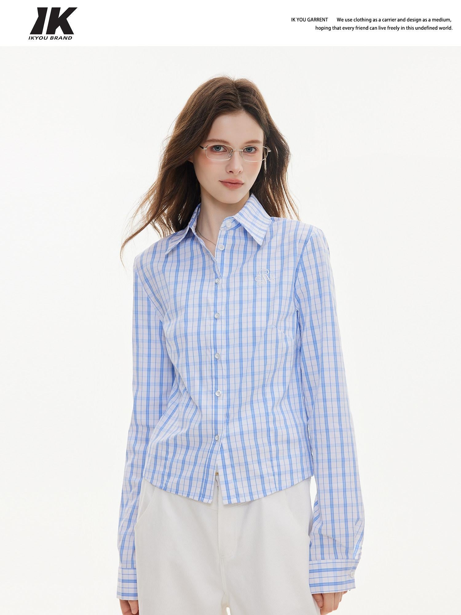 ikyou Uv Protection Embroidered Slim Collared Plaid Cardigan Girls Cotton Shirts