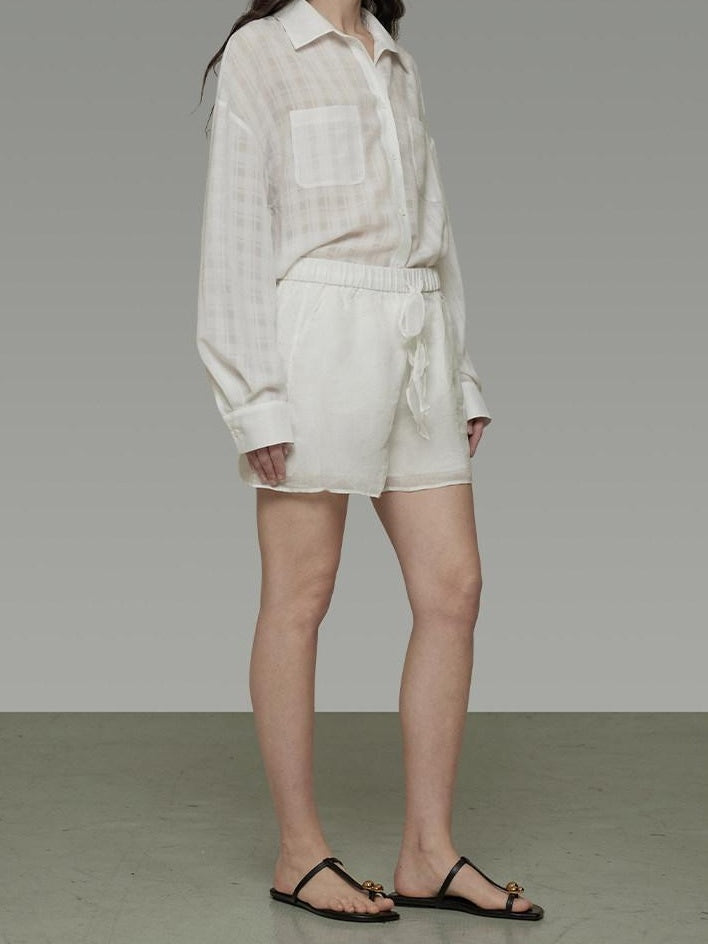 unspoken Pure Ramie Tie Waist Straight Leg Minimal Workwear Women White Mid-Length Shorts
