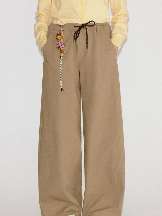 fano Cotton Elastic Waist Pocket Korean Workwear Women Khaki Straight Pants