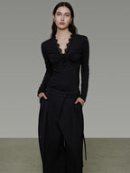 unspoken Breathable Lyocell Lace Slim Fit V-neck Long Sleeve Women Black Blouses