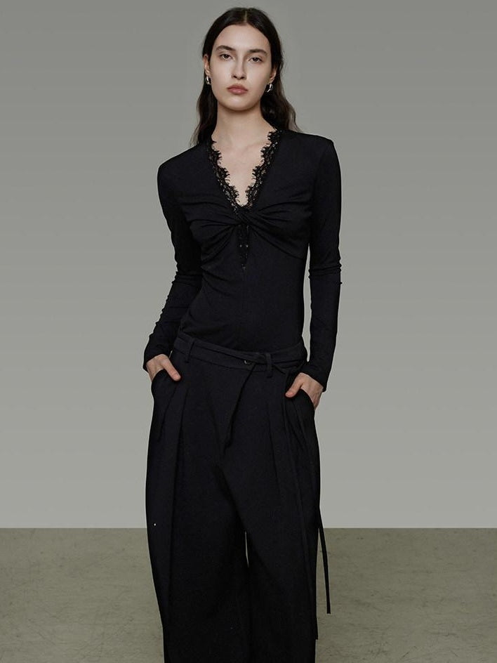 unspoken Breathable Lyocell Lace Slim Fit V-neck Long Sleeve Women Black Blouses
