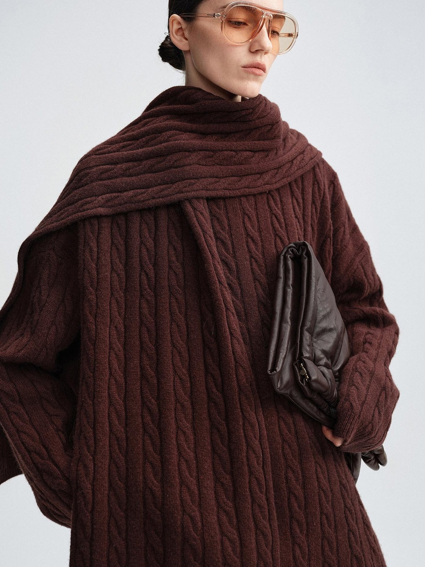audreyyang 100 Percent Sheepswool Thick Vintage Loose Built In Scarf Women Knit Sweaters