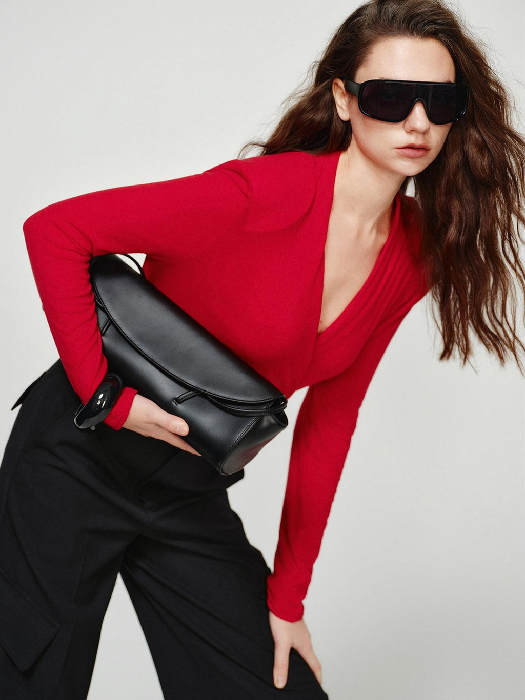 audreyyang Lyocell Wool Stretch Knit Slim Fit V-neck Womens Red Long Sleeve T-Shirts