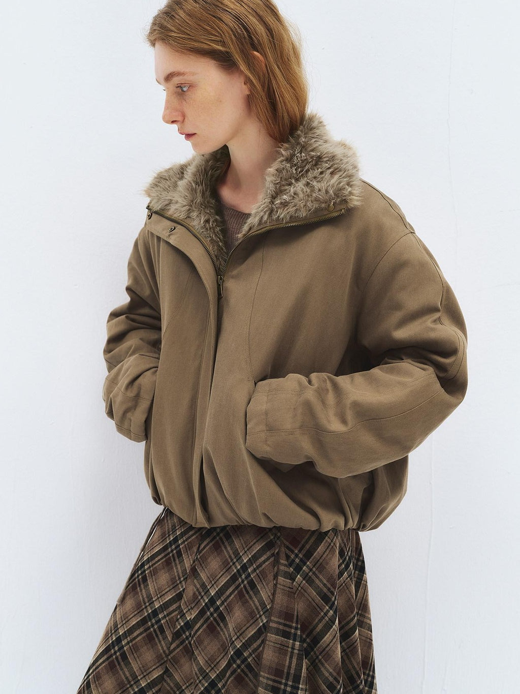 someonesometimes Lyocell Cotton Blend Relaxed Stand Collar Zip Women Beechwood Green Short Coat