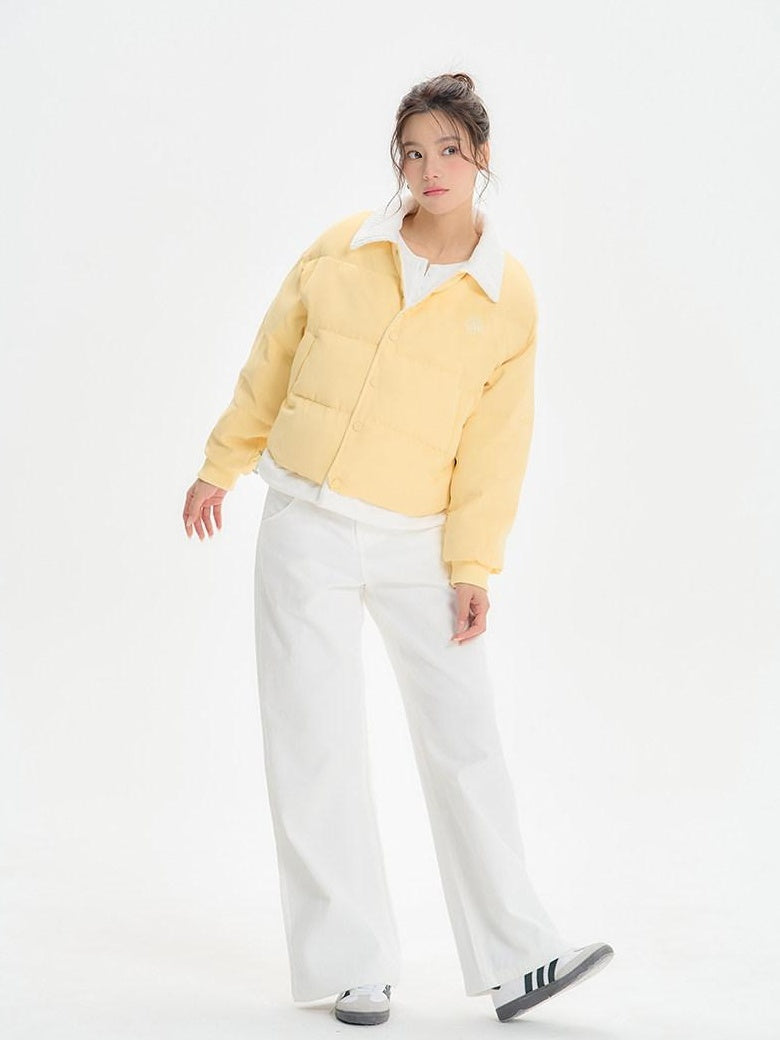 ikyou Thick Embroidered Patchwork Minimal Straight Crop Polo Yellow Puffer Jackets