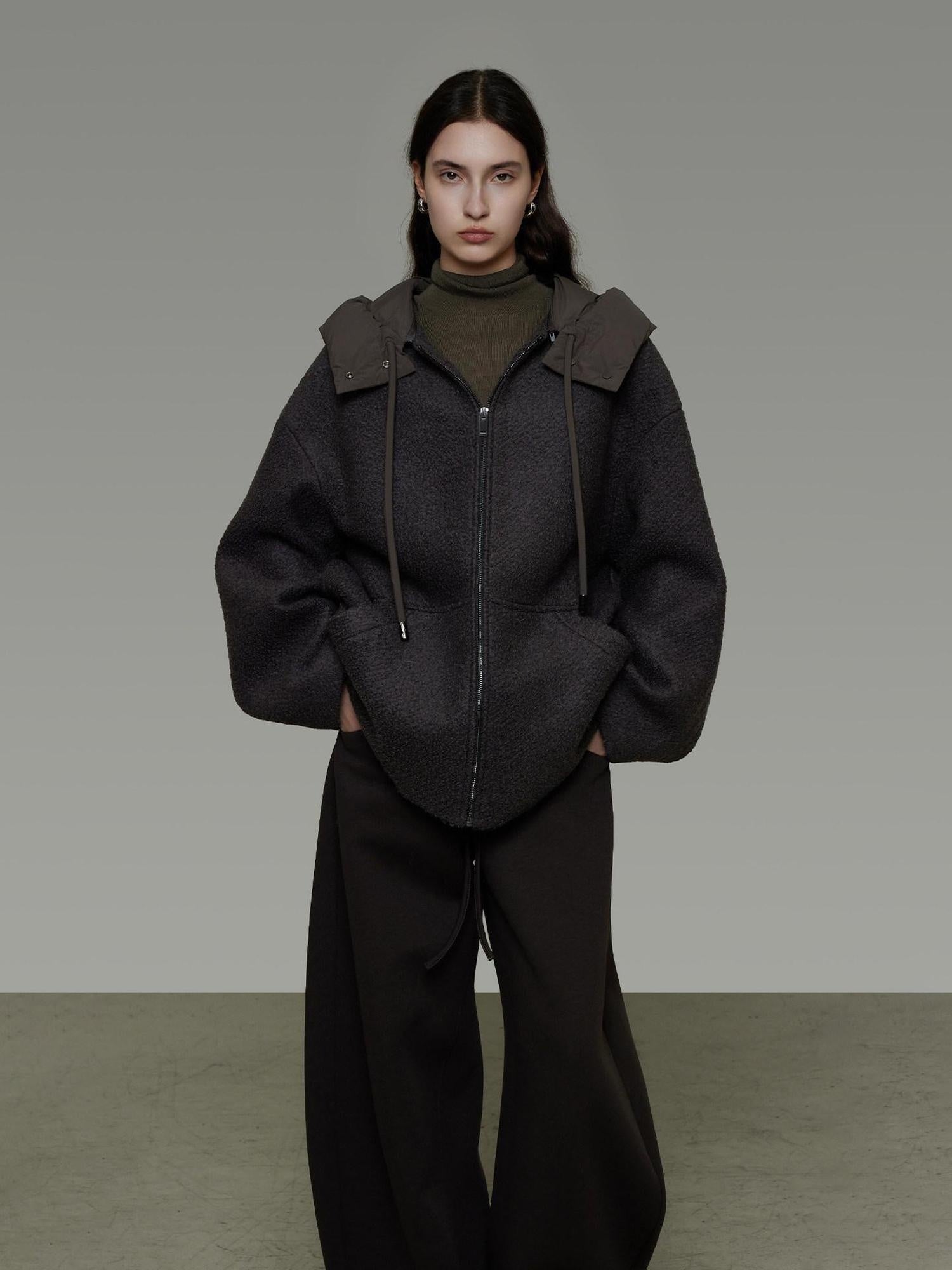 unspoken Premium Lambswool Hooded Relaxed Fit Minimal Commuter Zipper Gray Wool Coats