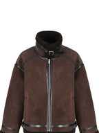 fano Chocolate Brown Fur Lined Stand Collar Loose Fit Casual Women Zip Bomber Jackets