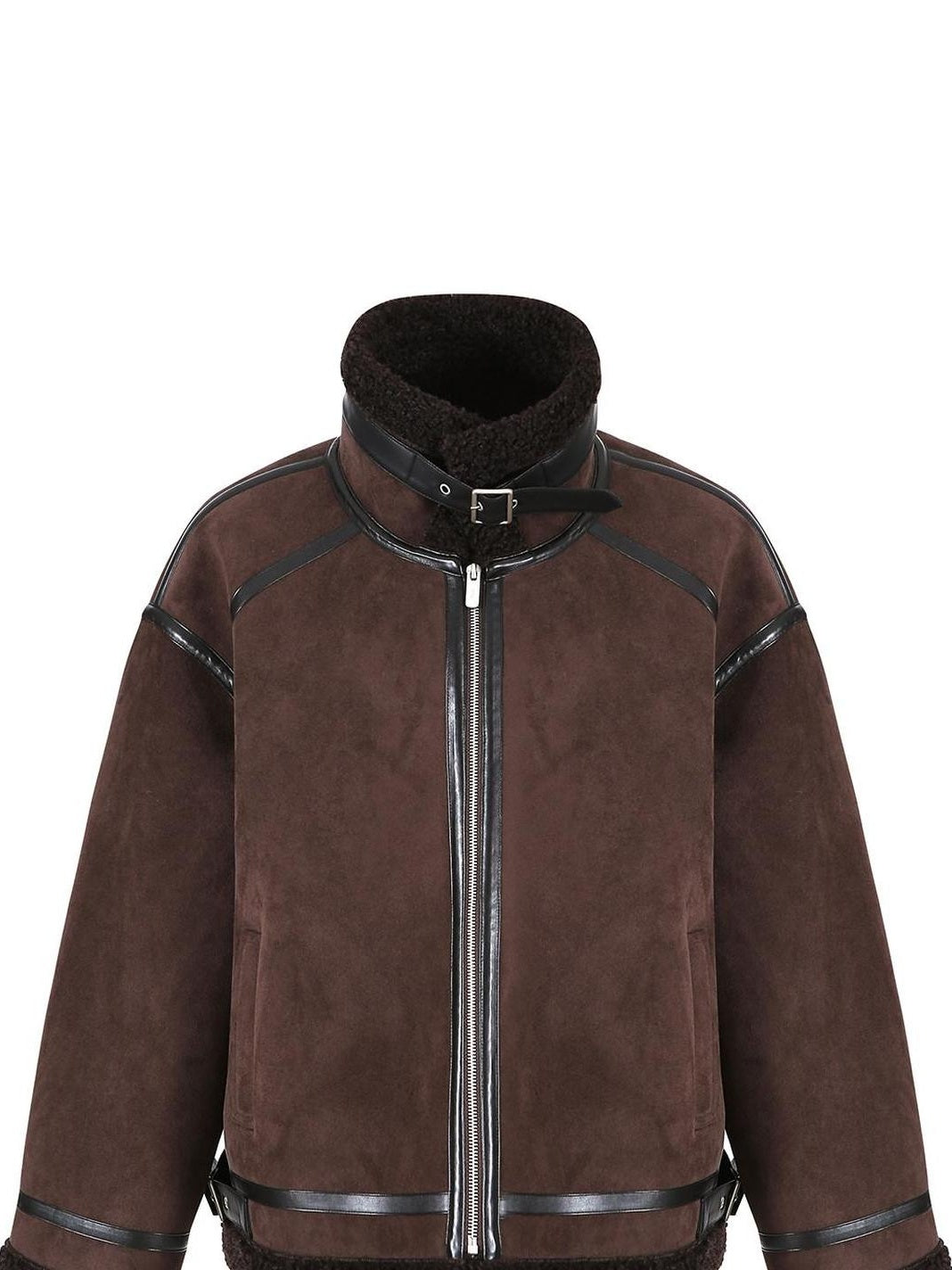 fano Chocolate Brown Fur Lined Stand Collar Loose Fit Casual Women Zip Bomber Jackets