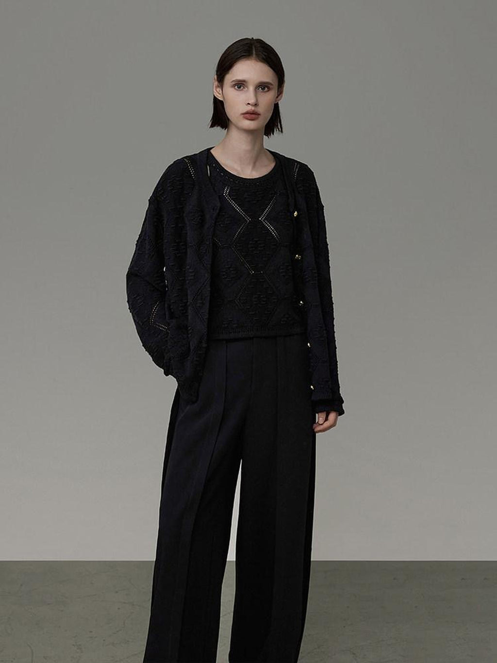 unspoken Soft Fine Knit Two Piece Minimalist Women Black Layered Knitwear Cardigans