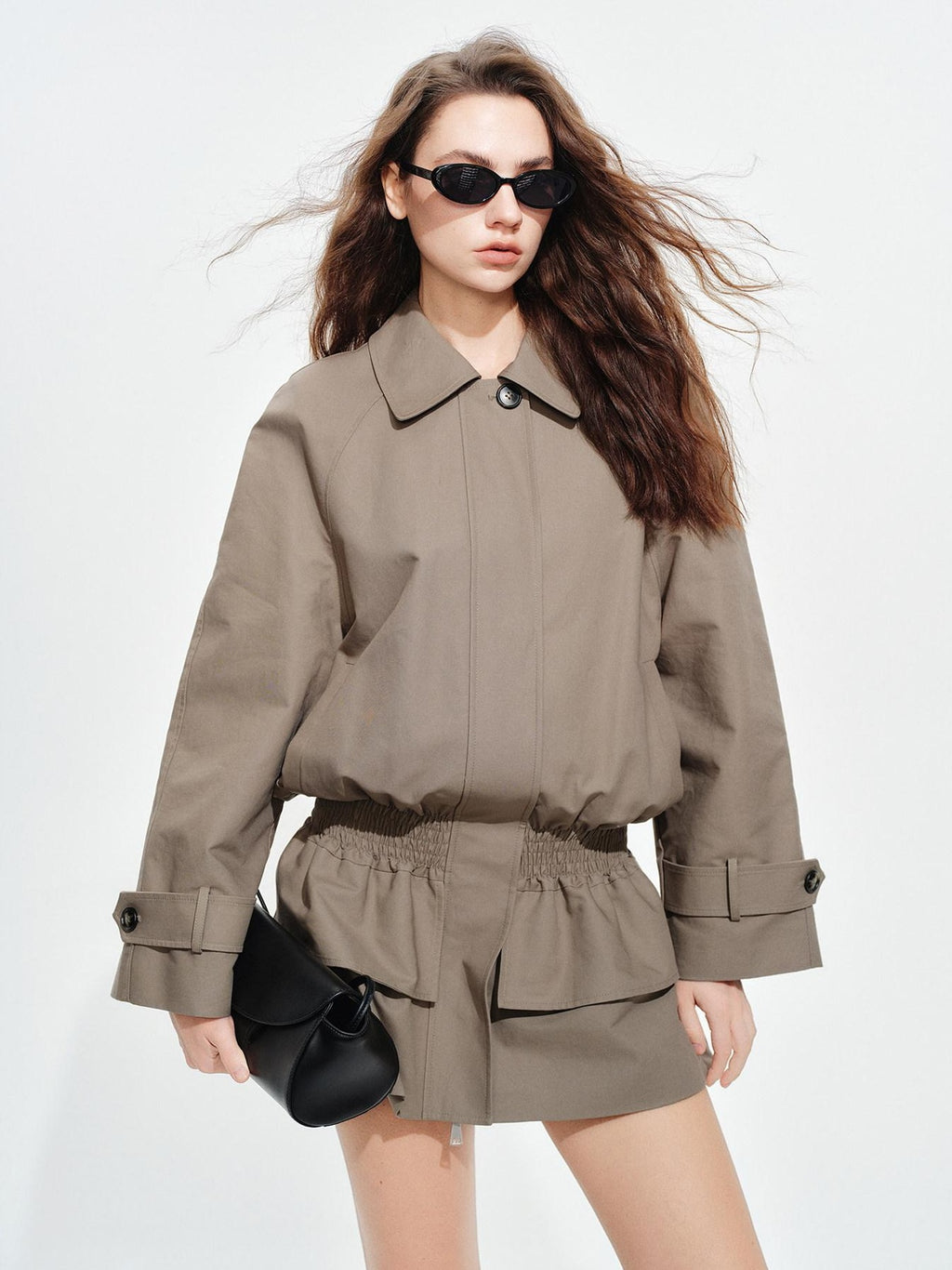 audreyyang Ruched Cotton Mid Length Zip Elastic Hem Long Sleeve Women Gray Cropped Jackets