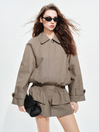 audreyyang Ruched Cotton Mid Length Zip Elastic Hem Long Sleeve Women Gray Cropped Jackets