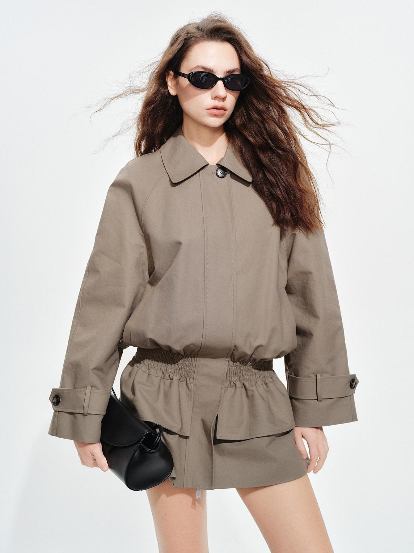 audreyyang Ruched Cotton Mid Length Zip Elastic Hem Long Sleeve Women Gray Cropped Jackets