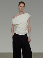 unspoken Asymmetric Neck Pleated Minimal Slim Fit Office Women Polyester Basic Crop Tops