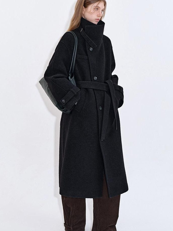 fano Premium Wool Blend Long Notch Collar Relaxed Black Korean Women Wool Coats